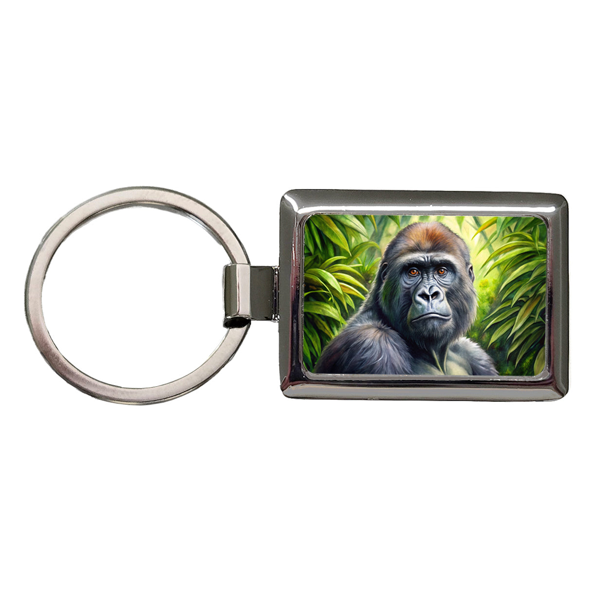 Gorilla In Rainforest Watercolor Rectangle Metal Keychain