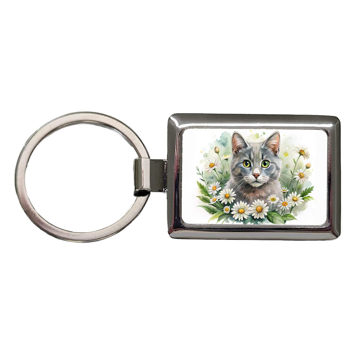 Gray Cat Watercolor Design With Daisies Rectangle Metal Keychain