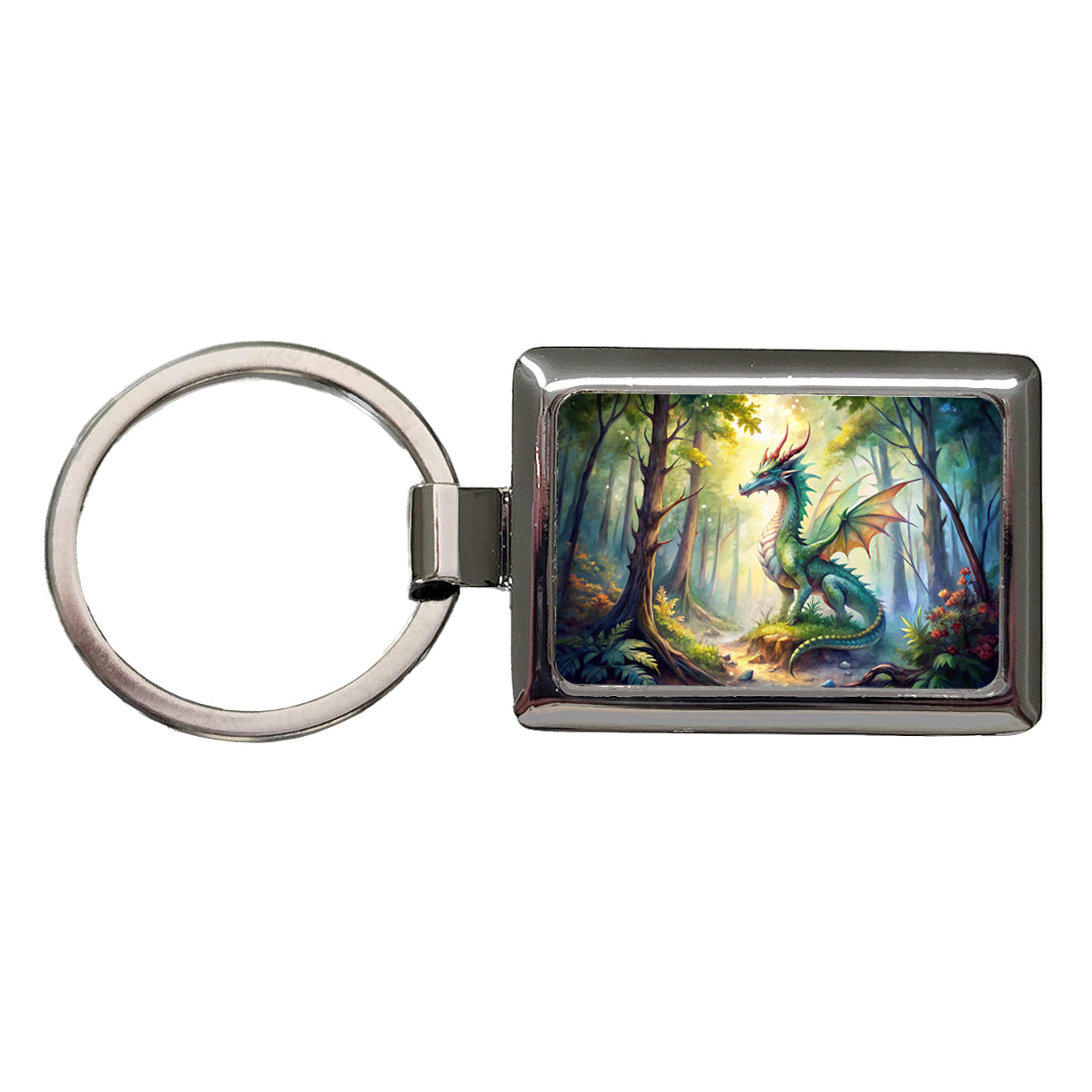 Green Dragon In Forest Watercolor Fantasy Rectangle Metal Keychain