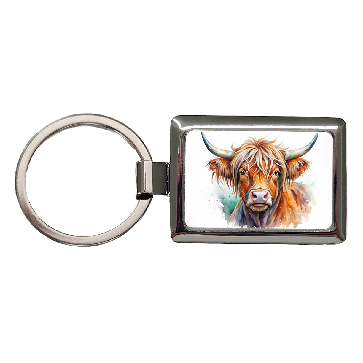 Highland Cow Watercolor Design Rectangle Metal Keychain