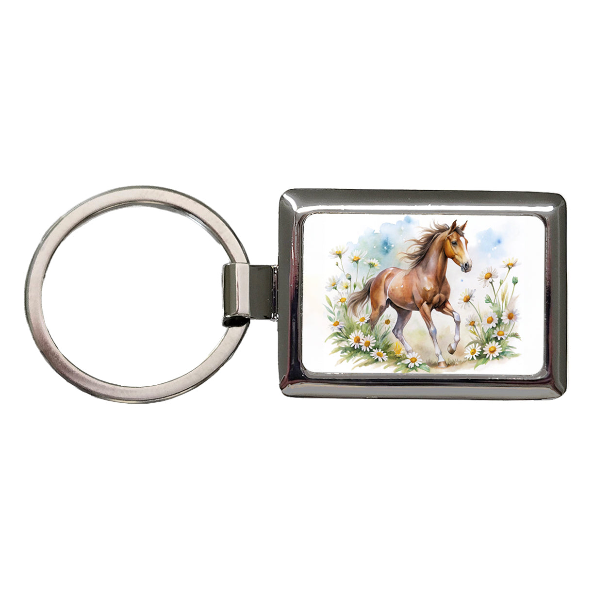 Horse Watercolor Design With Daisies Rectangle Metal Keychain