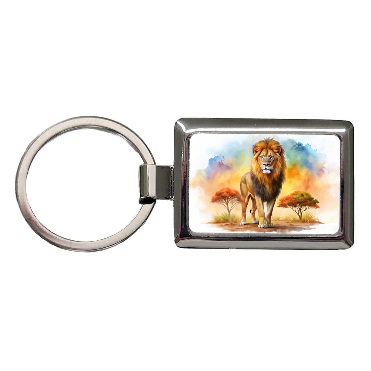 Lion African Plain Watercolor Rectangle Metal Keychain