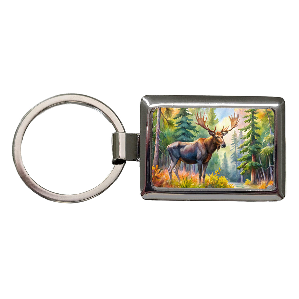 Moose In Forest Watercolor Rectangle Metal Keychain