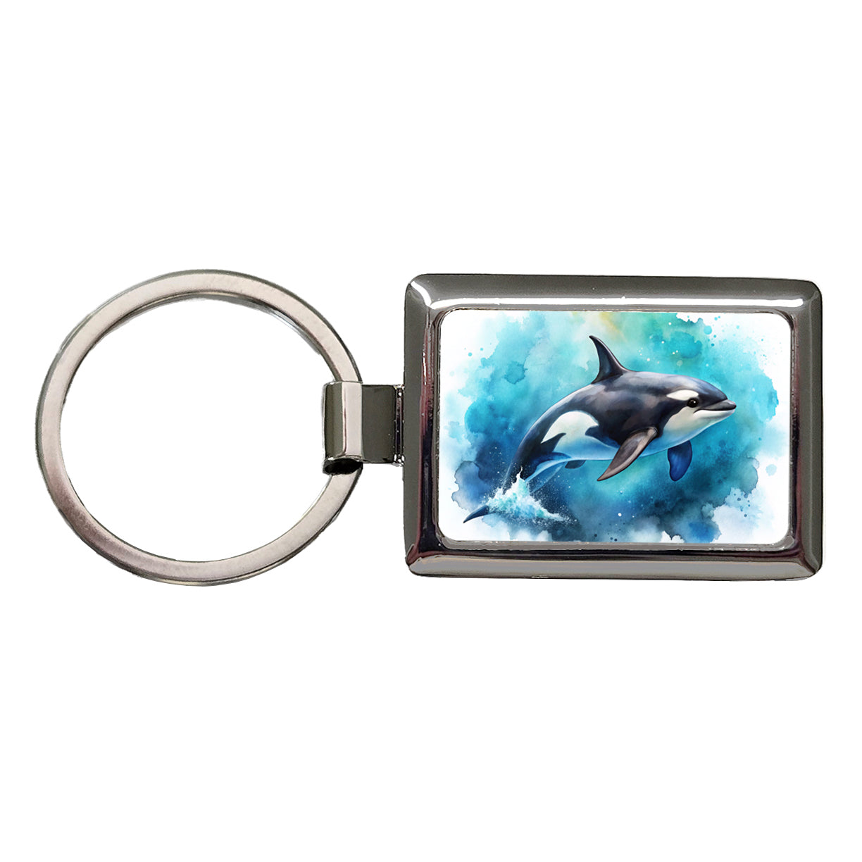 Orca Whale In Ocean Watercolor Design Rectangle Metal Keychain