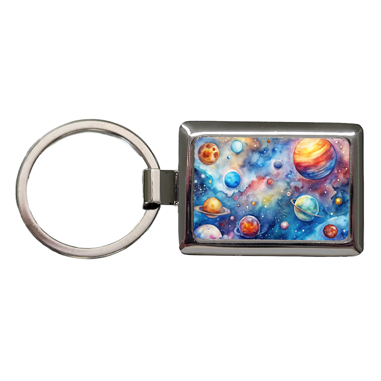 Outer Space Watercolor Astronomy Rectangle Metal Keychain