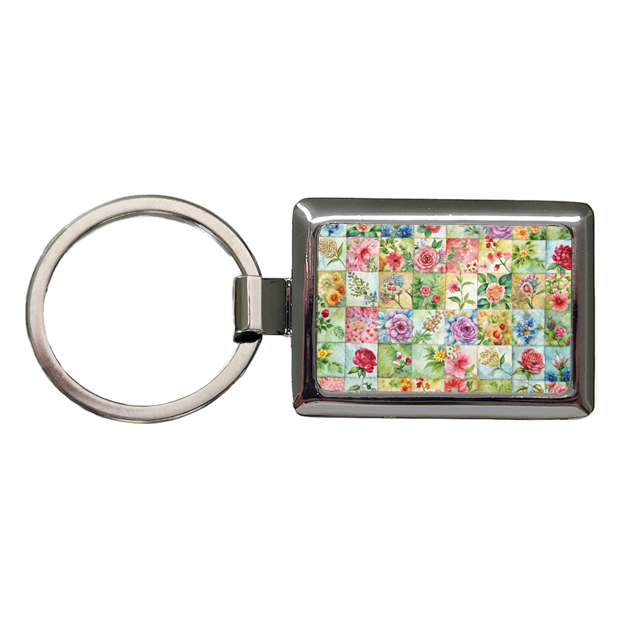Patchwork Floral Quilt Quilter Sewing Watercolor Rectangle Metal Keychain