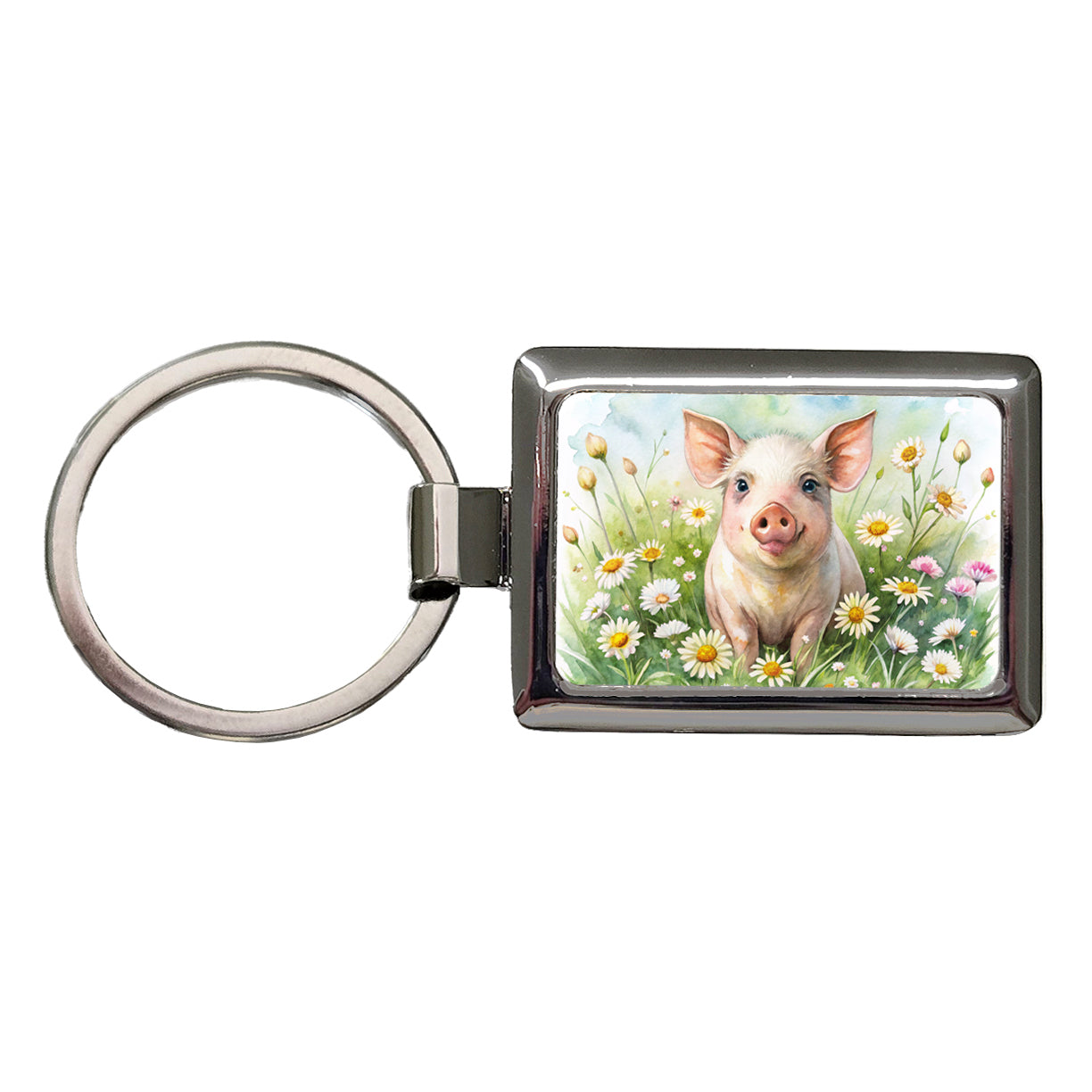 Pig In Daisies Watercolor Design Rectangle Metal Keychain
