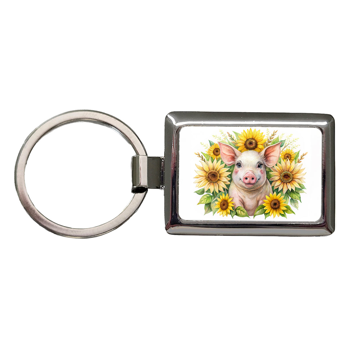 Pig In Sunflowers Watercolor Design Rectangle Metal Keychain