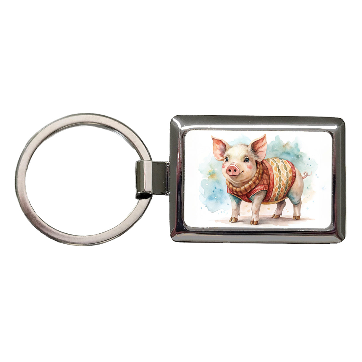 Pig Wearing A Sweater Watercolor Rectangle Metal Keychain