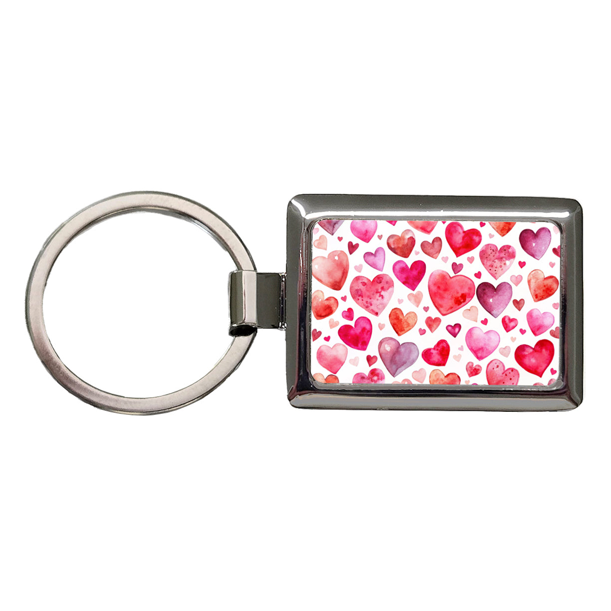 Pink And Red Scattered Hearts Watercolor Rectangle Metal Keychain