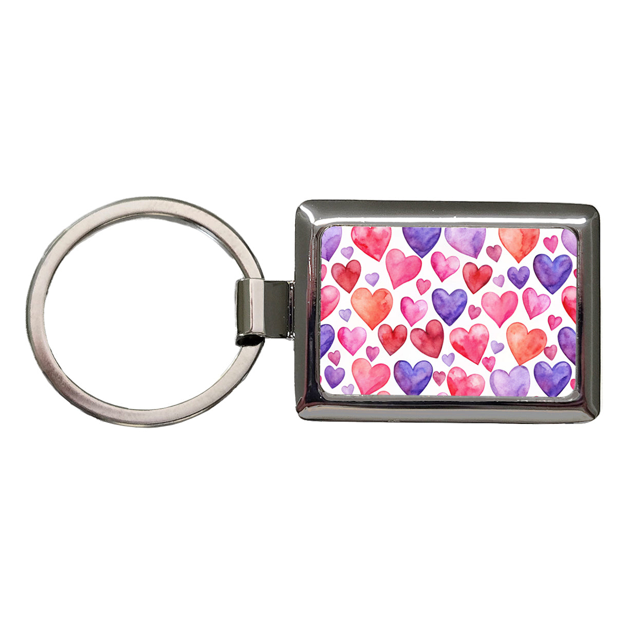Pink Red Purple Hearts Watercolor Rectangle Metal Keychain