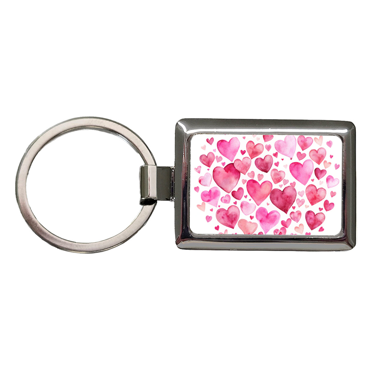Pink Scattered Hearts Love Valentines Anniversary Watercolor Rectangle Metal Keychain