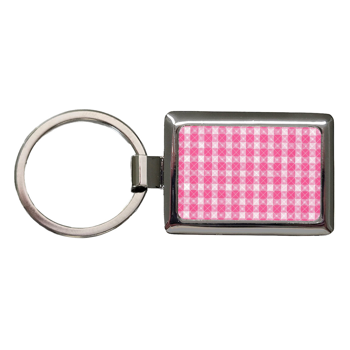 Pink White Gingham Watercolor Rectangle Metal Keychain
