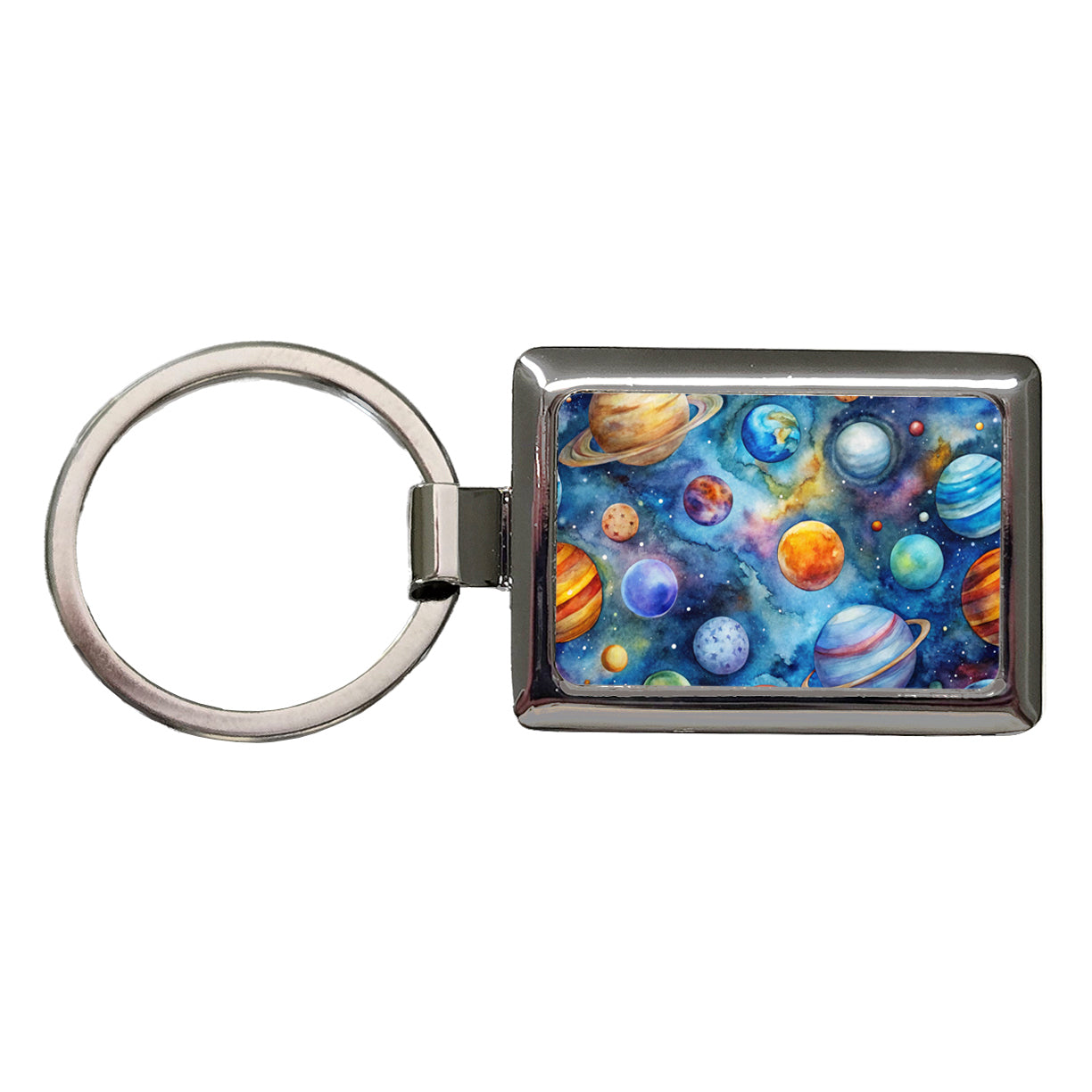 Planets Outer Space Astronomy Watercolor Rectangle Metal Keychain