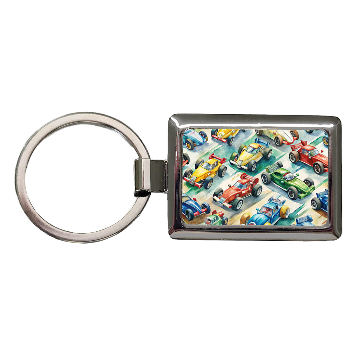 Race Cars Watercolor Rectangle Metal Keychain