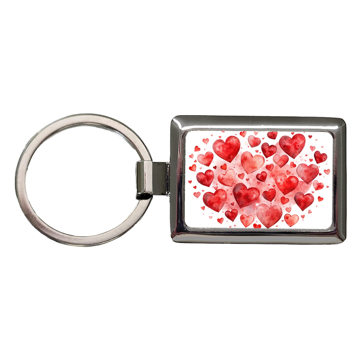 Red Scattered Hearts Love Anniversary Watercolor Rectangle Metal Keychain