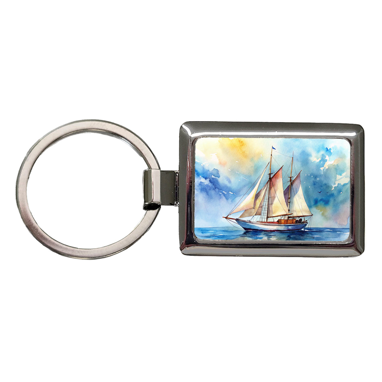 Sailboat At Sea Watercolor Design Rectangle Metal Keychain