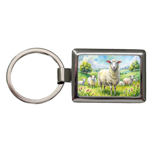 Sheep In Meadow Watercolor Design Rectangle Metal Keychain