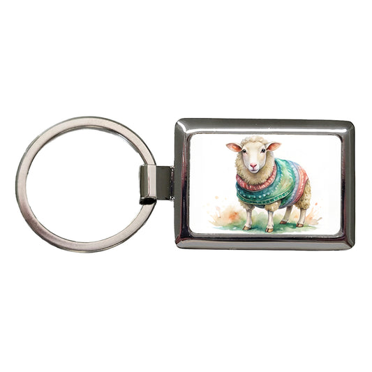 Sheep Wearing A Sweater Watercolor Rectangle Metal Keychain
