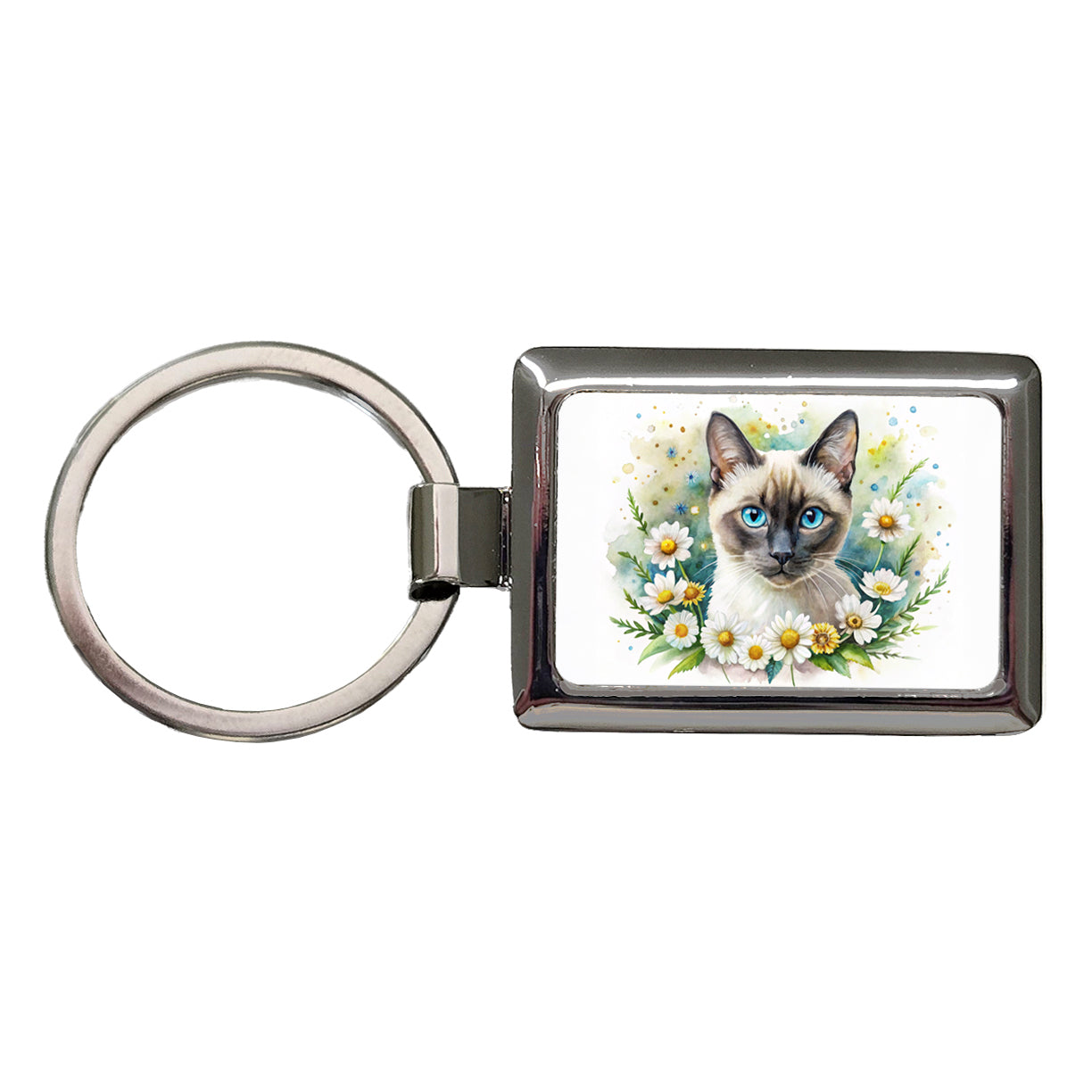 Siamese Cat Watercolor Design With Daisies Rectangle Metal Keychain