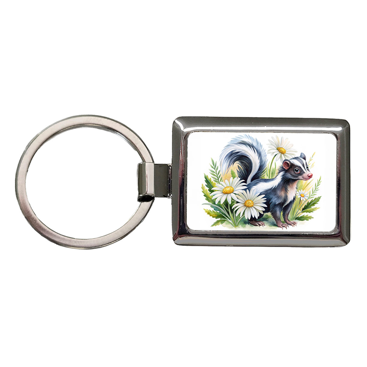 Skunk Watercolor Design With Daisies Rectangle Metal Keychain