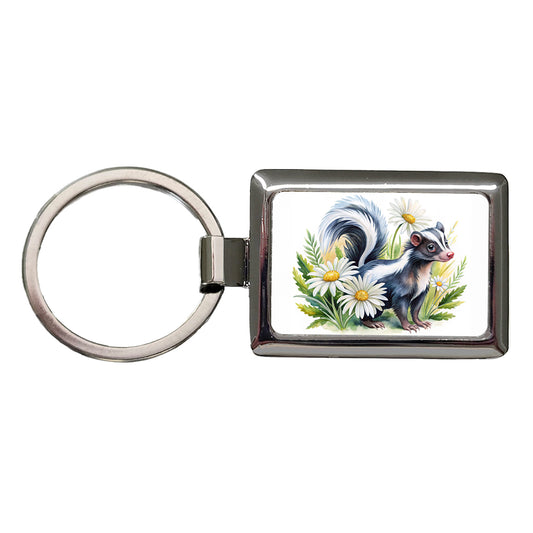 Skunk Watercolor Design With Daisies Rectangle Metal Keychain
