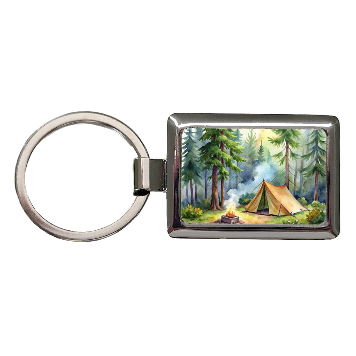 Solo Camping In Forest Watercolor Design Rectangle Metal Keychain