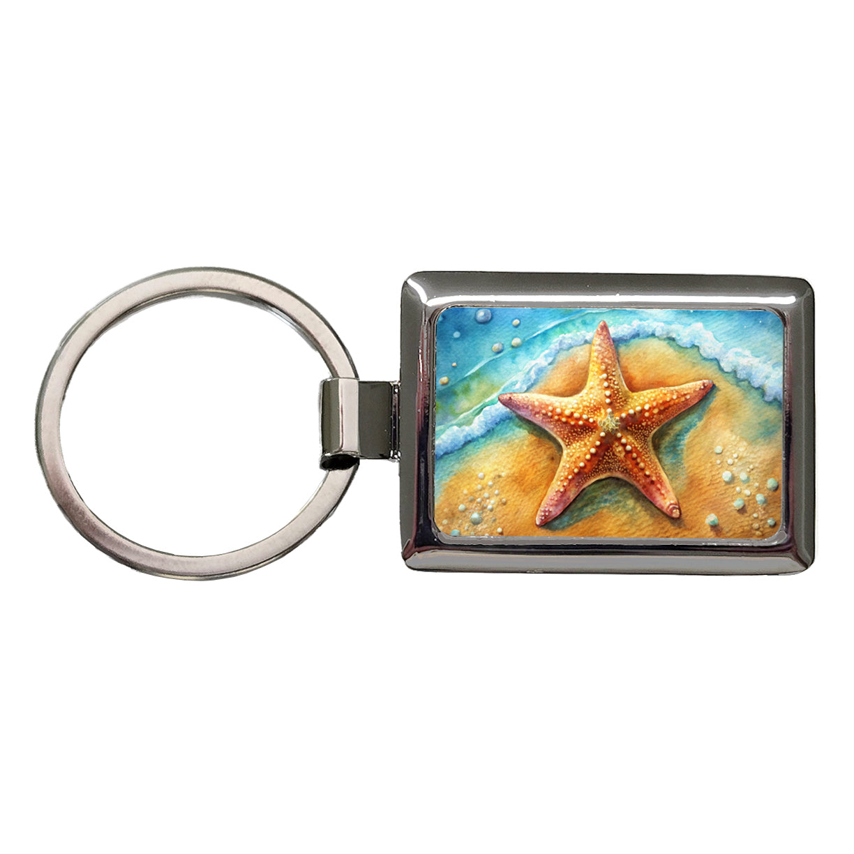 Starfish Sand Watercolor Design Rectangle Metal Keychain