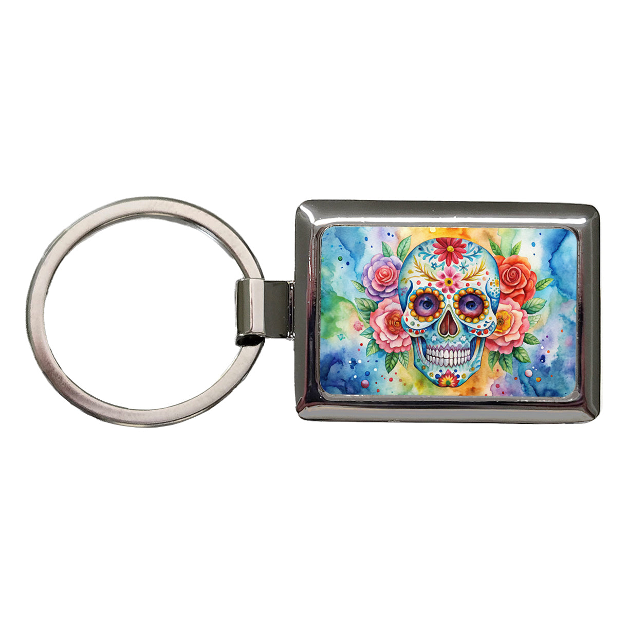 Sugar Skull Watercolor Rectangle Metal Keychain