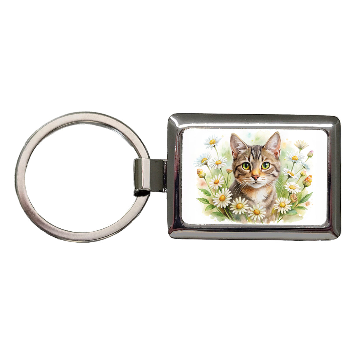 Tabby Cat Watercolor Design With Daisies Rectangle Metal Keychain