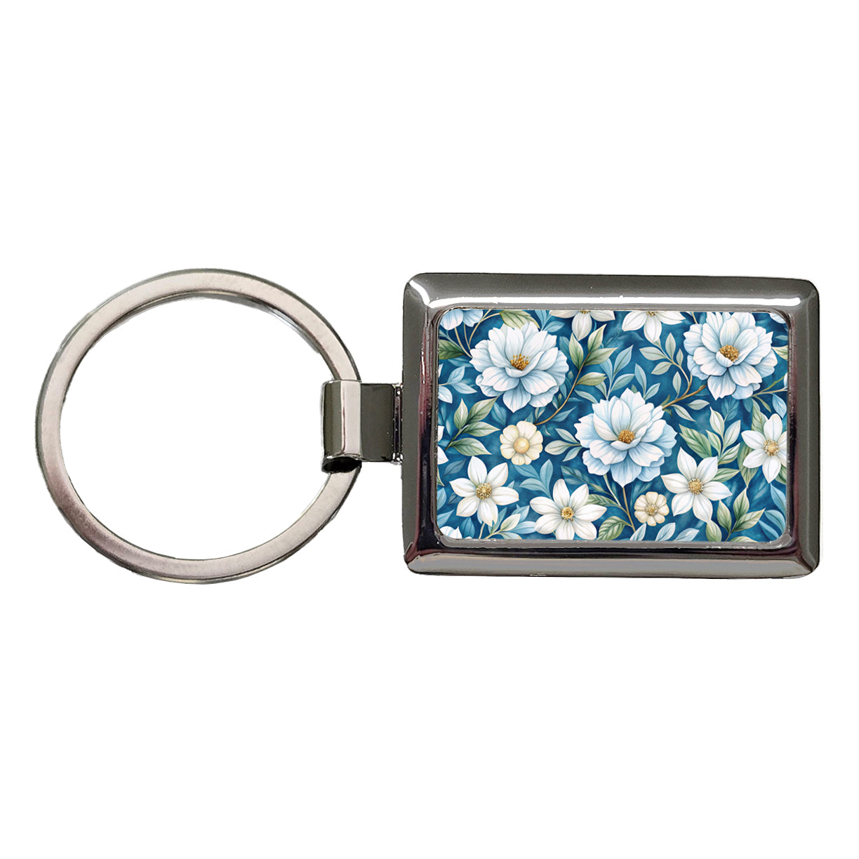 White Flowers Blue Background Rectangle Metal Keychain
