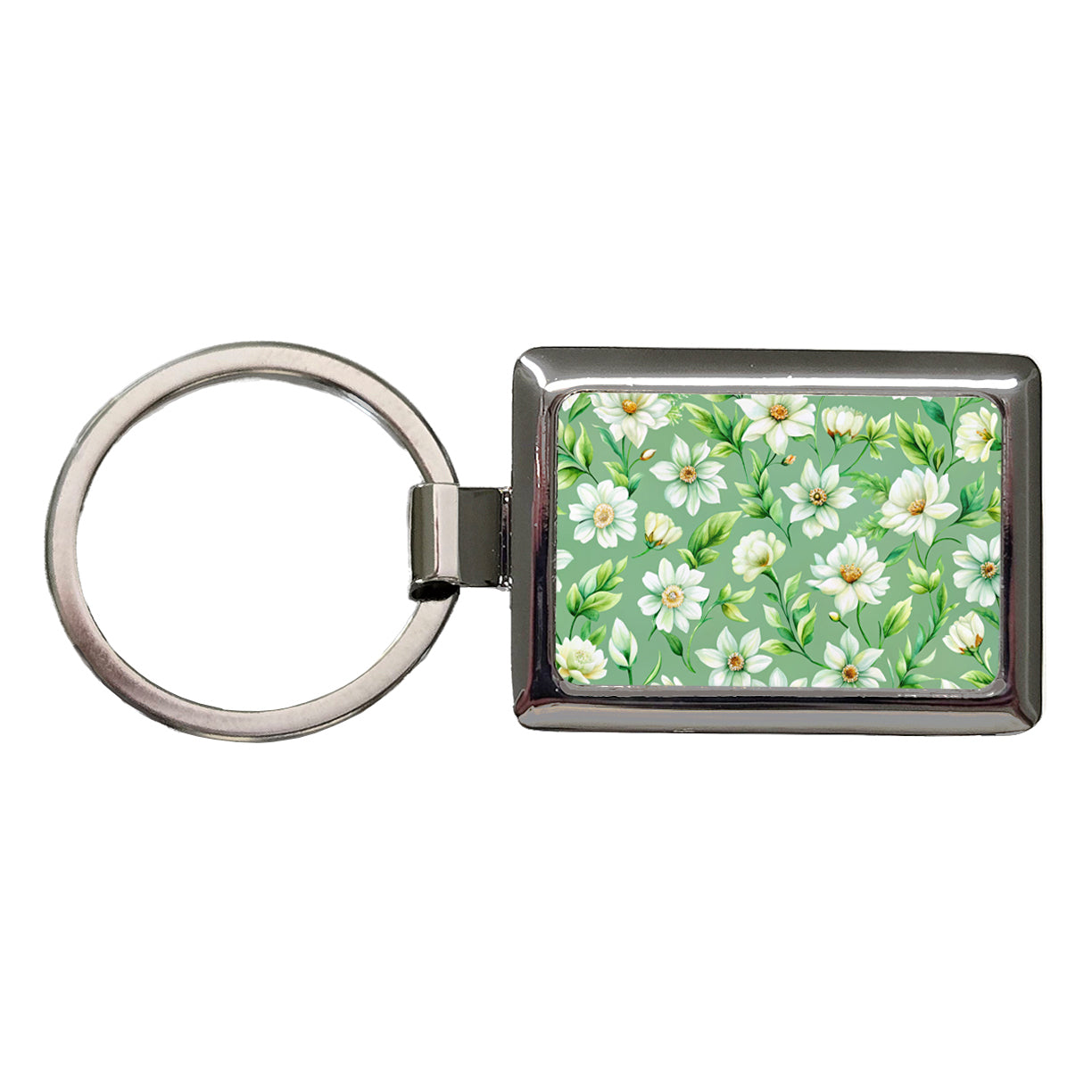 White Flowers Green Background Rectangle Metal Keychain