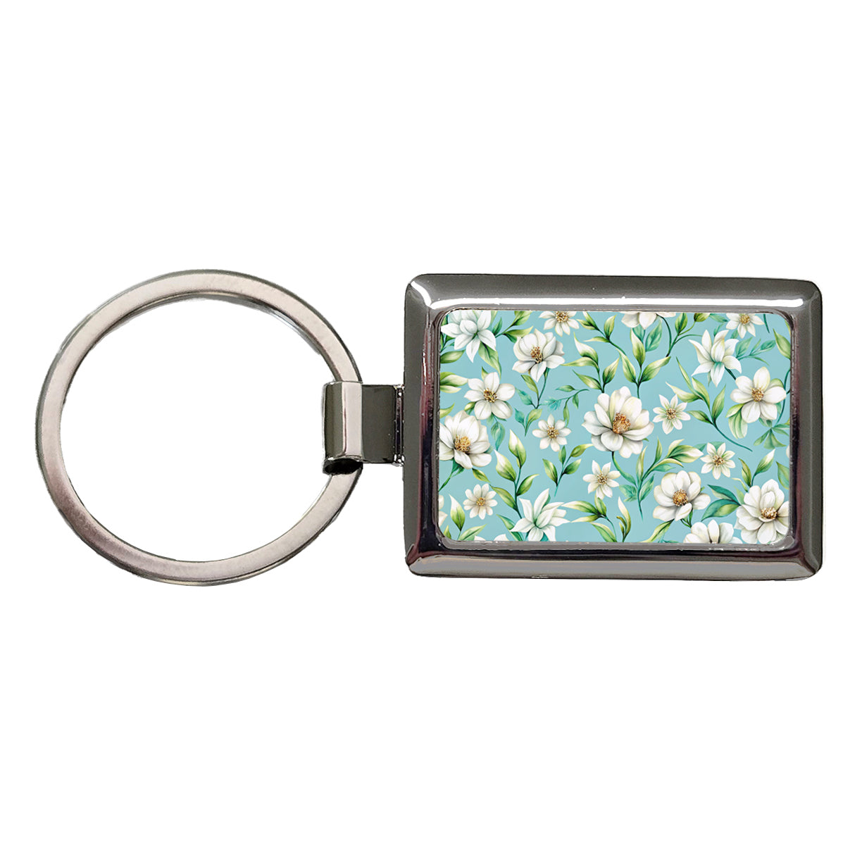 White Flowers Light Blue Background Rectangle Metal Keychain