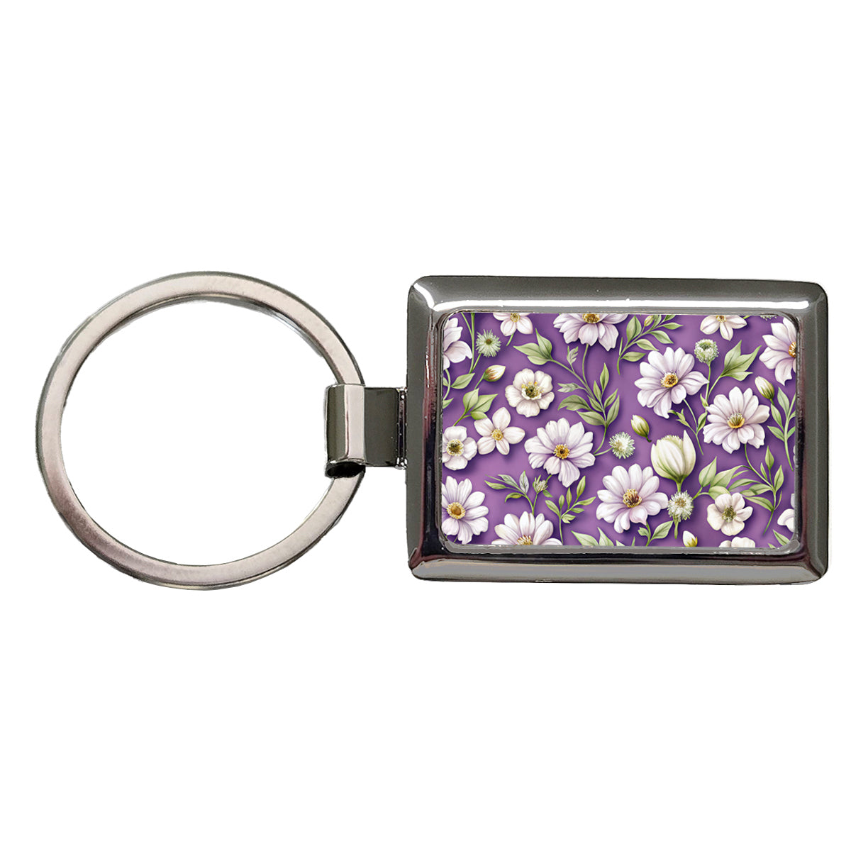 White Flowers Purple Background Rectangle Metal Keychain