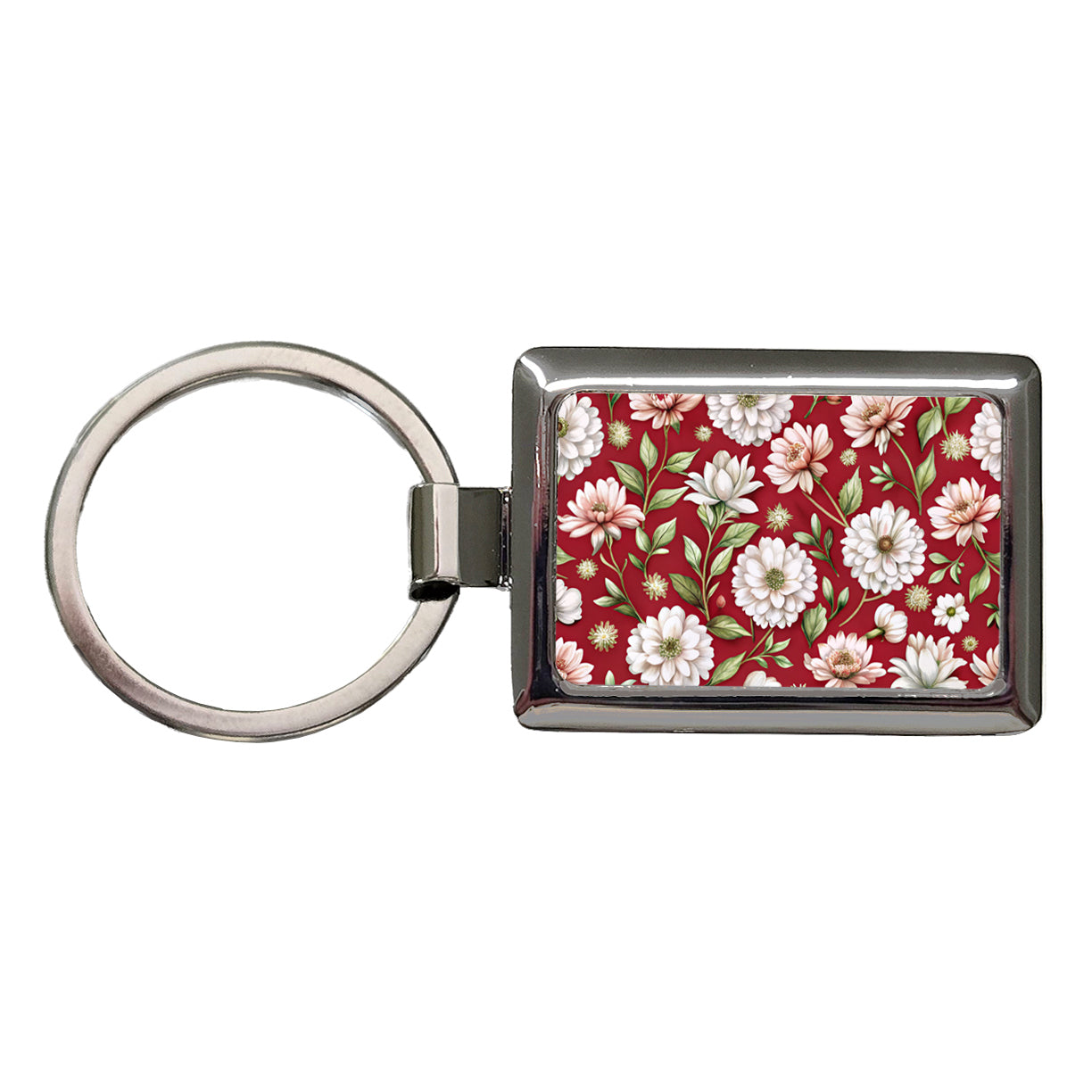 White Flowers Red Background Rectangle Metal Keychain
