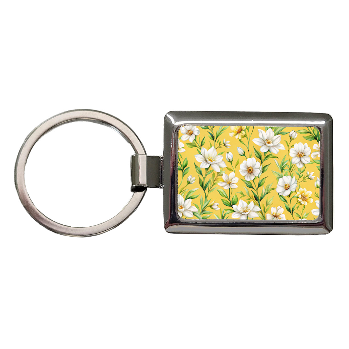 White Flowers Yellow Background Rectangle Metal Keychain
