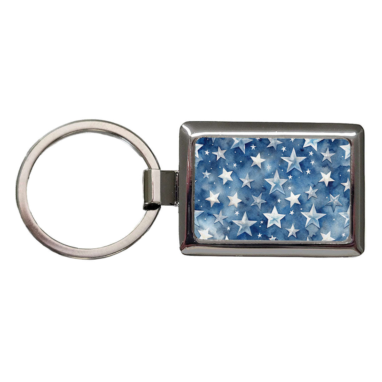 White Stars Blue Background Watercolor Rectangle Metal Keychain