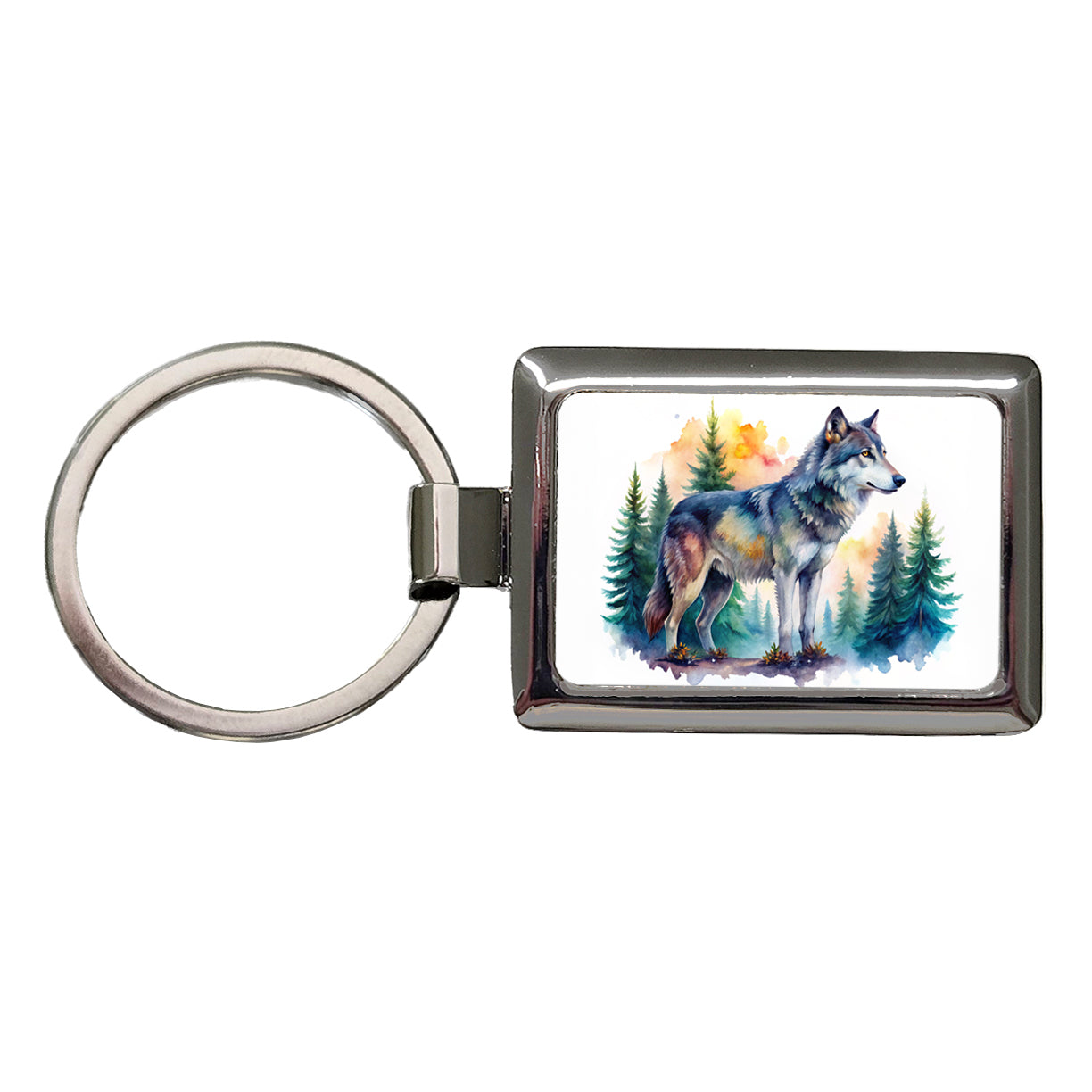Wolf In Forest Watercolor Design Rectangle Metal Keychain
