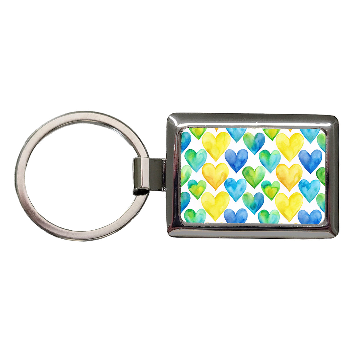 Yellow Blue Green Hearts Watercolor Rectangle Metal Keychain