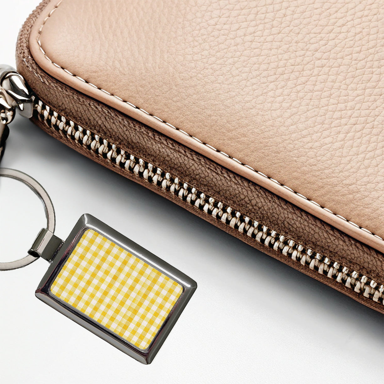 Yellow White Gingham Watercolor Rectangle Metal Keychain