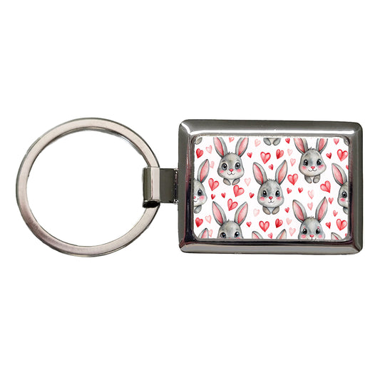 Adorable Gray Bunnies And Hearts Rectangle Metal Keychain