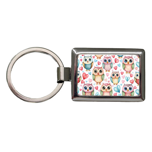 Adorable Owls And Hearts Rectangle Metal Keychain