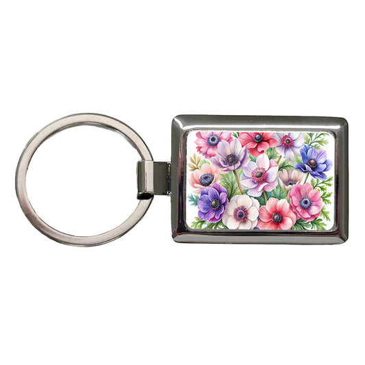 Anemone Flowers Watercolor Rectangle Metal Keychain