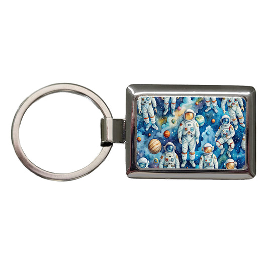 Astronauts In Space Watercolor Rectangle Metal Keychain