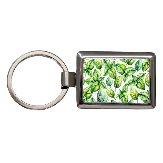 Basil Herbs Watercolor Rectangle Metal Keychain