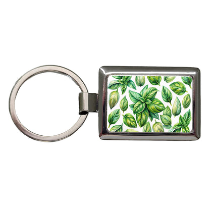 Basil Leaves Watercolor Rectangle Metal Keychain