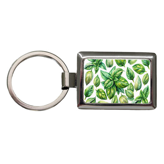 Basil Leaves Watercolor Rectangle Metal Keychain