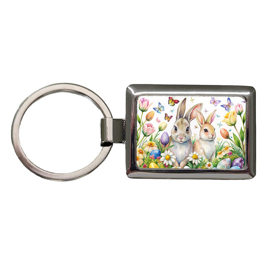 Beautiful Easter Bunnies Rabbits Eggs Flowers Rectangle Metal Keychain