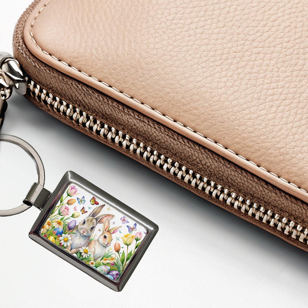 Beautiful Easter Bunnies Rabbits Eggs Flowers Rectangle Metal Keychain