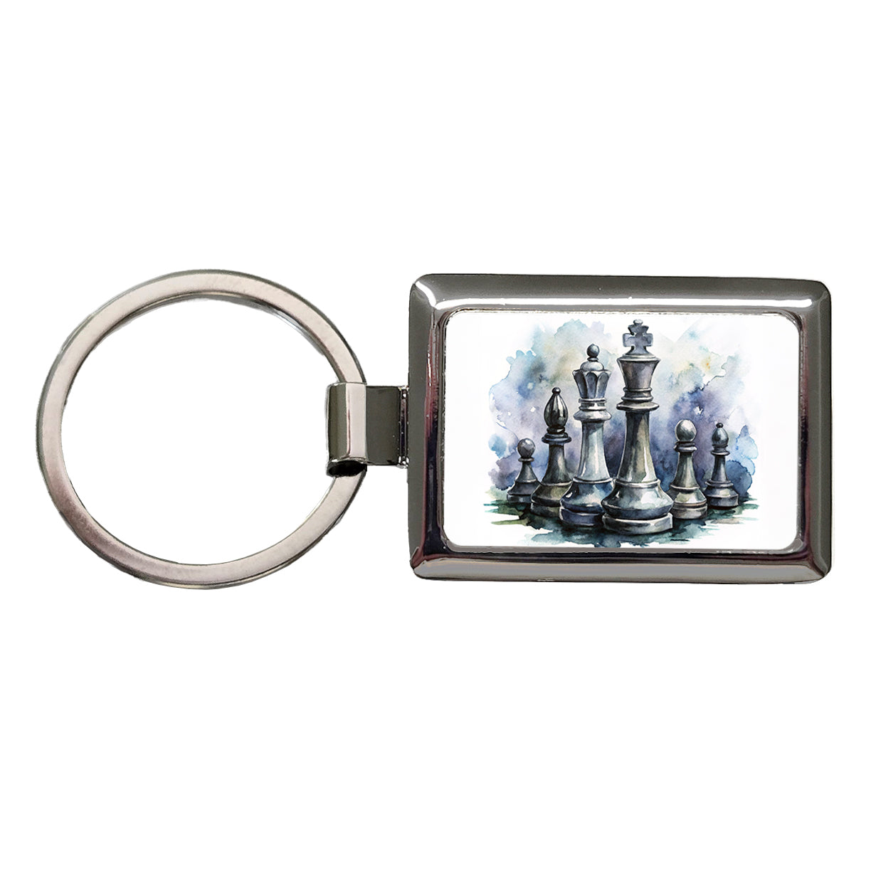 Black And White Chess Pieces Watercolor Rectangle Metal Keychain